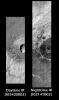 This pair of images released on June 14, 2004 from NASA's 2001 Mars Odyssey shows a comparison of daytime and nighttime of crater ejecta in the Terra Meridiani region on Mars.