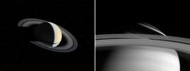 The image on the left was taken on Nov. 1, 1980, by NASA's Voyager spacecraft. It shows a narrow shadow cast on the equatorial region of Saturn's atmosphere by the rings. The image on the right was acquired by NASA's Cassini spacecraft on May 10, 2004.