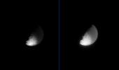 The dark material that coats one hemisphere of Saturn's moon Iapetus is very dark, as these two processed views of the same image demonstrate. This image was taken in visible light, with NASA's Cassini spacecraft's narrow angle camera on July 19, 2004.