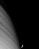 NASA's Cassini spacecraft's ability to remain precisely and steadily pointed at targets, such as Saturn's moon Mimas, yields sharp images despite the relatively high speed at which the spacecraft moves.