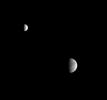 In this unusual view, NASA's Cassini spacecraft captured two icy moons of Saturn, Tethys and Enceladus, in a single narrow-angle frame.