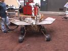 This picture shows a model of NASA's Mars Exploration Rover Spirit being tested for performance on five wheels at NASA's Jet Propulsion Laboratory.