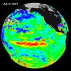 Sea-level height data from NASA's U.S./France Jason altimetric satellite during a 10-day cycle ending July 27, 2004, show weaker than normal trade winds in the western and central equatorial Pacific have triggered an eastward moving, warm Kelvin wave.