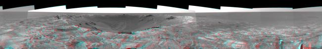 This 3D mosaic, created from images taken by NASA's Mars Exploration Rover Opportunity on sols 115 and 116 (May 21 and 22, 2004) provides a dramatic view of 'Endurance Crater.' 3D glasses are necessary to view this image.