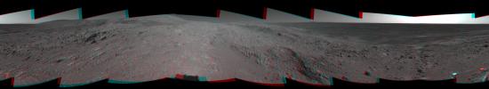 NASA's Mars Exploration Rover Spirit looked up at the 'Columbia Hills' from its location on the 265th martian day, or sol, of its mission (Sept. 30, 2004) and captured this 3-D view. 3D glasses are necessary to view this image.
