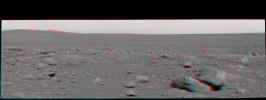 This stereo view was taken by the panoramic camera on NASA's Mars Exploration Rover Spirit on the rover's 87th martian day, or sol (April 1, 2004), just after Spirit left 'Bonneville Crater.' 3D glasses are necessary to view this image.
