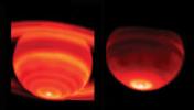 These side-by-side false-color images show Saturn's heat emission. The data were taken on Feb. 4, 2004, from the W. M. Keck I Observatory, Mauna Kea, Hawaii. The prominent hot spot at the bottom of each image is at Saturn's south pole.