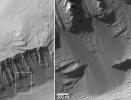 NASA's Mars Global Surveyor shows layered sedimentary rocks exposed in eastern Candor Chasma, part of the vast Valles Marineris trough system on Mars. Dry debris has cut narrow, straight chutes into the slope.