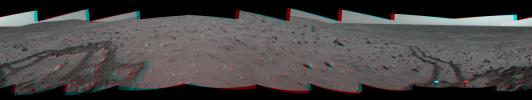 This 360-degree, stereo panorama of a section of the 'Columbia Hills' shows meandering, crisscrossing wheel tracks that NASA's Mars Exploration Rover Spirit left behind. 3D glasses are necessary to view this image.
