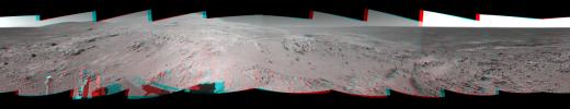 This 360-degree stereo panorama shows the terrain surrounding NASA's Mars Exploration Rover Spirit on Nov. 11, 2004. At that point, Spirit was climbing the 'West Spur' of the 'Columbia Hills.' 3D glasses are necessary to view this image.