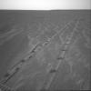 NASA's Mars Exploration Rover Opportunity looked at its tracks on martian soil as it left the home it has known for over 200 sols. The rover spent 181 sols inside 'Endurance Crater,' furthering our knowledge of ancient water on Mars.