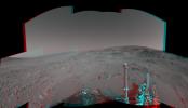 An attempted drive NASA's Mars Exploration Rover Spirit on Feb. 15, 2005 did not gain any ground toward nearby 'Larry's Lookout' because of slippage that churned the soil on the slope. 3D glasses are necessary to view this image.