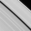 Saturn's moon Pan occupies the Encke Gap at the center of this image from NASA's Cassini spacecraft, which also displays some of the A ring's intricate wave structure. Pan is 26 kilometers (16 miles) across.