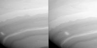 These two images from NASA's Cassini spacecraft, taken 23 minutes apart, show many vortices and turbulent wakes in Saturn's atmosphere. They also show the overall filamentary structure of the flow in the atmosphere.