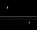 Saturn's expansive rings separate the moon's Tethys (at the top) from Dione (at the bottom). This image was taken in visible light with NASA's Cassini spacecraft's narrow-angle camera on Sept. 12, 2005.