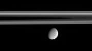 Rhea floats below the innermost regions of Saturn's amazing rings in this image from NASA's Cassini spacecraft. This view of the Saturn-facing hemisphere of Rhea allows a glimpse of the wispy terrain that covers the trailing hemisphere of Rhea.