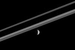 A target of intense interest to Cassini mission scientists is Enceladus, whose wrinkled and frozen crescent is seen here with Saturn's rings. This image was taken in visible green light with NASA's Cassini narrow-angle camera on Oct. 13, 2005.