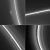 This montage of four enhanced NASA Cassini narrow-angle camera images shows bright clump-like features at different locations within the F ring.