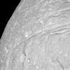 This view of the surface of Saturn's moon Tethys, taken during NASA's Cassini spacecraft's close approach to the moon on Sept. 24, 2005, reveals an icy land of steep cliffs.