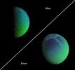 Saturn's cratered, icy moons, Rhea and Dione, come alive with vibrant color that reveals new information about their surface properties. Images in the Dione false-color view were acquired on Aug. 1, 2005 by NASA's Cassini spacecraft.