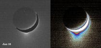 Plumes of icy material extend above the southern polar region of Saturn's moon Enceladus, as imaged by NASA's Cassini spacecraft in January 2005. The monochrome view is presented along with a color-coded image on the right.
