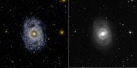 This ultraviolet image from NASA's Galaxy Evolution Explorer (left) and visual image (right) of the face on barred and ringed spiral galaxy NGC 3351 (M95).