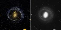 This ultraviolet image (left) and visual image (right) from NASA's Galaxy Evolution Explorer is of the barred ring galaxy NGC 1291. The VIS image is dominated by the inner disk and bar. The UV image is dominated by the low surface brightness outer arms.