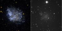 This ultraviolet image (left) and visual image (right) from NASA's Galaxy Evolution Explorer is of the irregular dwarf galaxy IC 1613.