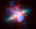 NASA's Spitzer, Hubble and Chandra space observatories teamed up to create this multi-wavelength, false-colored view of the M82 galaxy. The lively 
portrait celebrates Hubble's 'sweet sixteen' birthday.