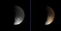 Saturn's yin-yang moon Iapetus is seen in these two views showing the moon's dark leading hemisphere. This image was taken by NASA's Cassini spacecraft on April 8, 2006.