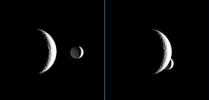 Enceladus briefly passes behind the crescent of Rhea in these images, which are part of a 'mutual event' sequence taken by NASA's Cassini spacecraft. These sequences help scientists refine our understanding of the orbits of Saturn's moons.