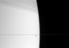 The small, dark form of Janus cruises along in front of bright Saturn. The edge-on rings cast dramatic shadows onto the northern hemisphere as seen by NASA's Cassini spacecraft.