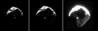 This set of images exposes details on small and crumpled-looking Helene. Large portions of this Trojan moon of Dione appear to have been blasted away by impacts. This image was captured by NASA's Cassini spacecraft.