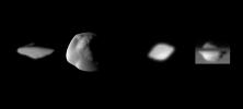 These images taken by NASA's Cassini spacecraft show Saturn's moons Pan and Atlas, showing their distinctive 'flying saucer' shapes, owing to equatorial ridges not seen on the other moons of Saturn.