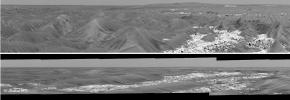 This pair of images from the panoramic camera on NASA's Mars Exploration Rover Opportunity served as initial confirmation that the two-year-old rover was within sight of 'Victoria Crater,' which it has been approaching for more than a year.