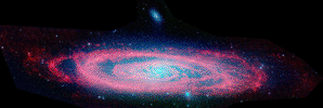 This image shows the Andromeda galaxy, first as seen in visible light by the National Optical Astronomy Observatory, then as seen in infrared by NASA's Spitzer Space Telescope.