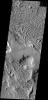 These arcuate ridges are appearing as wind erosion removes the less resistant surface materials. This terrain is located on the northern end of Gordii Dorsum on Mars. This image is from NASA's 2001 Mars Odyssey.