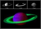 This false-color image from NASA's Cassini spacecraft of Saturn was constructed by combining three images at three different infrared wavelengths.