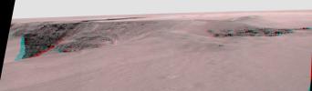 This anaglyph from NASA's Mars Exploration Rover Opportunity is of 'Victoria crater' is looking southeast from 'Duck Bay' towards the dramatic promontory called 'Cabo Frio.' 3D glasses are necessary to view this image.