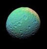 This extreme false-color view of Mimas shows color variation across the moon's surface. This image was captured by NASA's Cassini spacecraft.