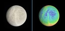 Side-by-side natural color and false-color views highlight the wispy terrain on Rhea's trailing hemisphere as seen by NASA's Cassini spacecraft.