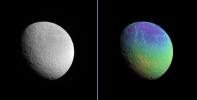 Rhea displays a marked color contrast from north to south that is particularly easy to see in this extreme color-enhanced view from NASA's Cassini spacecraft.
