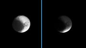 Darkness sweeps over Iapetus as NASA's Cassini spacecraft watches the shadow of Saturn's B ring engulf the dichotomous moon. The image at left shows the unshaded moon, while at right, Iapetus sits in the shadow of the densest of Saturn's rings
