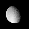 Rhea sports an immense impact scar on its leading hemisphere, like several other major Saturnian moons. The impact basin, seen above center on the day-night dividing line, or terminator, is named Tirawa