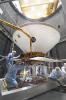 Inside a thermal vacuum at Lockheed Martin Space Systems, Denver, technicians prepared NASA's Phoenix Mars Lander for environmental testing.