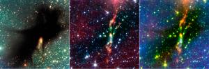 Two rambunctious young stars are destroying their natal dust cloud with powerful jets of radiation, in an infrared image from NASA's Spitzer Space Telescope. 
