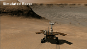 This frame from an animation shows a simulated rover descending into Victoria Crater via the rock-paved slopes of an alcove informally named 'Duck Bay.'