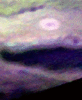 In this frame from a movie, put together from false-color images taken by the New Horizons Ralph instrument as the spacecraft flew past Jupiter in early 2007, show ammonia clouds (appearing as bright blue areas) as they form and disperse.