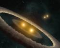 This artist concept based on data from NASA's Spitzer Space Telescope, depicts a quadruple-star system called HD 98800. The system is approximately 10 million years old, and is located 150 light-years away in the constellation TW Hydrae. 