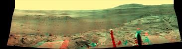 NASA'S Mars Exploration Rover Spirit captured this westward view from atop a low plateau where Sprit spent the closing months of 2007. 3D glasses are necessary to view this image.